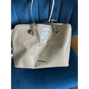 Calvin‎ Klein Tote Bag Beige Embossed Monogram Chain Handle Shoulder Bag Women